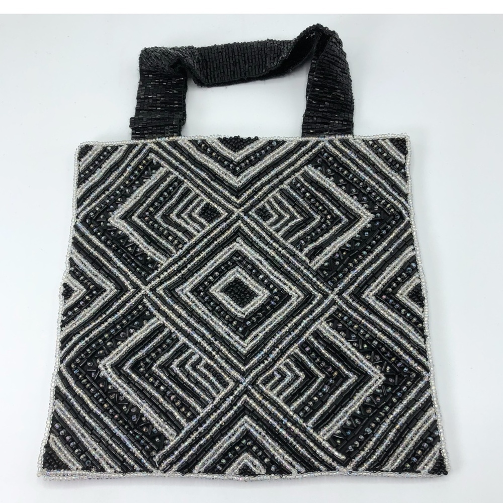 Black & Silver Beaded Evening Bag | Geometric Wristlet Clutch | Like New